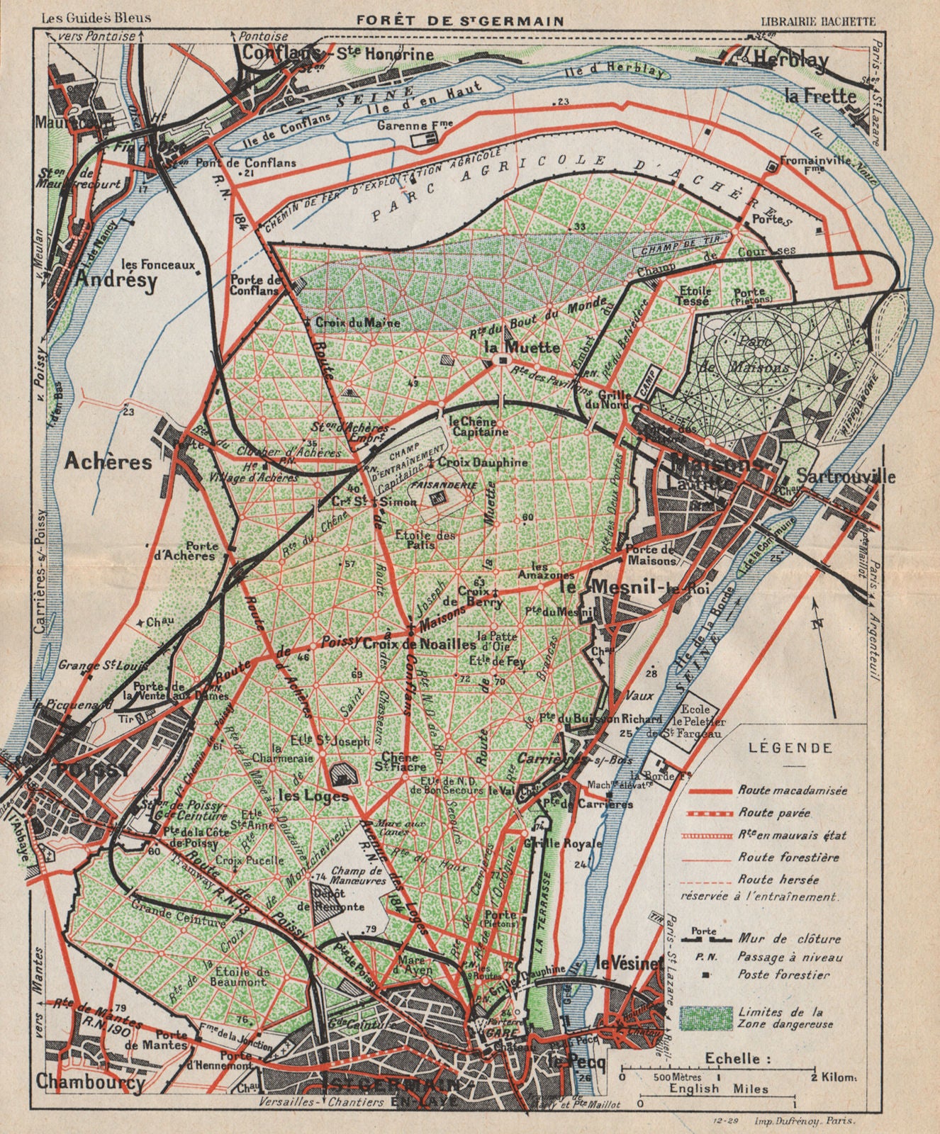 FORÊT DE ST. GERMAIN-EN-LAYE. Vintage map. Poissy Maisons-Lafitte Yvelines 1927